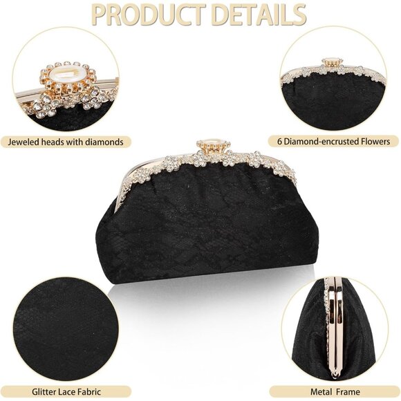 ⚡ Women's Fabric Lace Pearl Chain Rhinestones Black Shoulder Clutch Bag - Picture 7 of 9